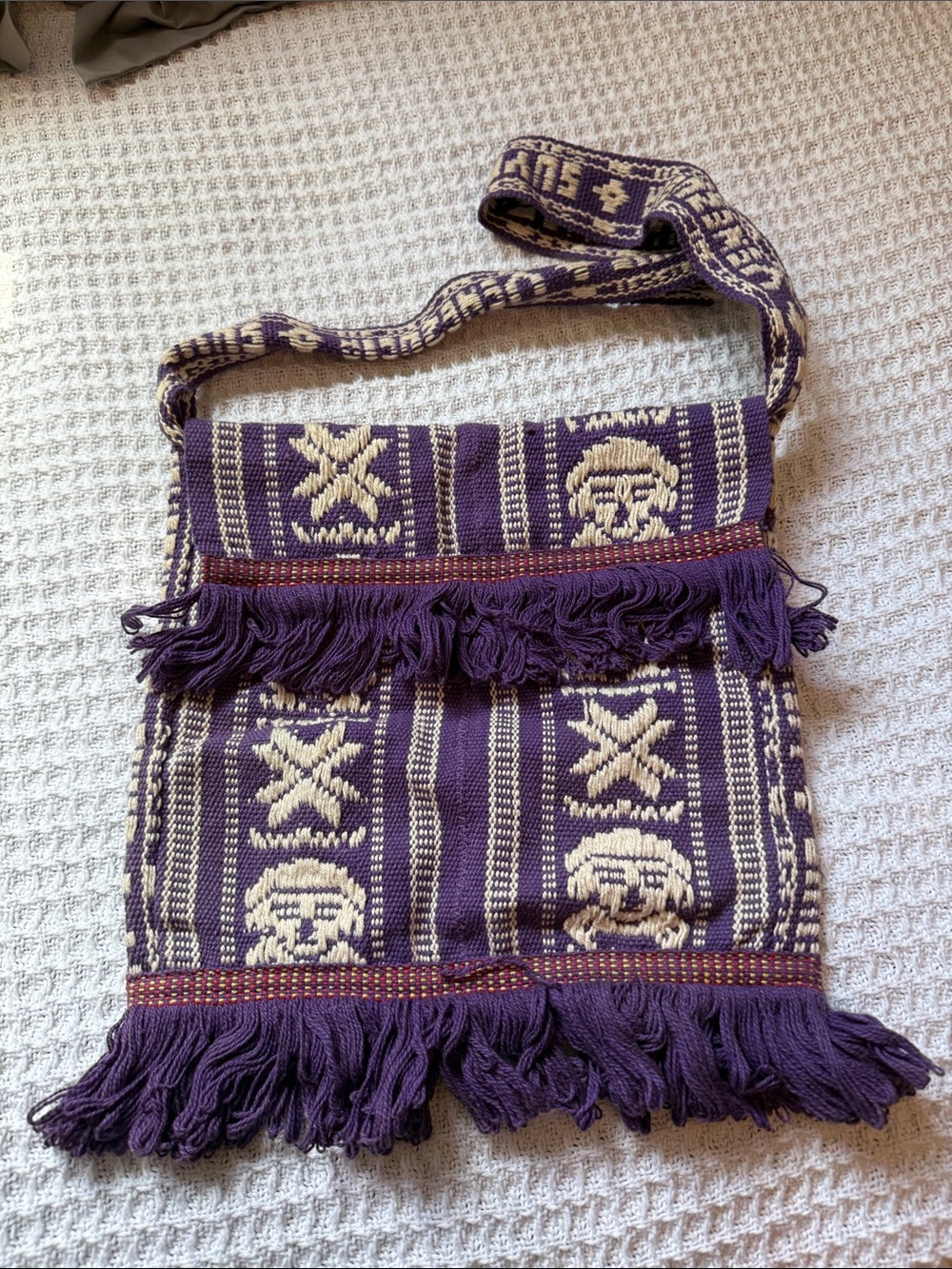 Hand Crafted Purple and Cream Woven Fringe Crossbody Bag